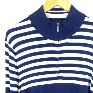 Brooks Brothers Men's Navy White Striped 1/4 Zip Mock Neck Sweater Large Cotton